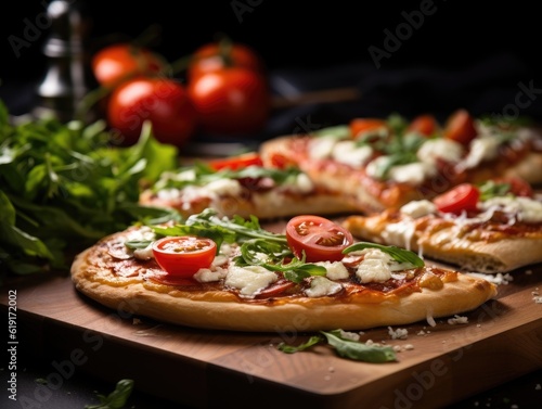 Vegetable Pizza on dark background (generative AI)