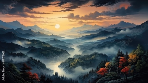 The graphic art depicts a photo realistic illustration of mystic morning mountains, forest, and fog. (Illustration, Generative AI)