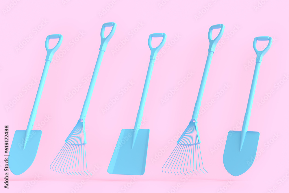 Garden shovel, pitchfork and rake on monochrome background, camping concept Garden shovel, pitchfork and rake on monochrome background, camping concept