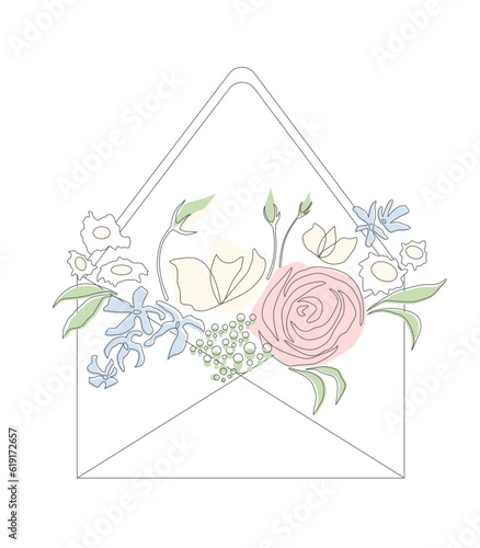 Romantic vector postcard with pink rose and blue forget-me-nots