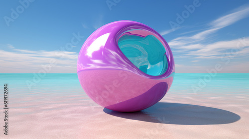 Abstract futuristic summer background. Sandy beach and turquoise sea with glossy metallic balls under the clear blue sky. Generative AI.