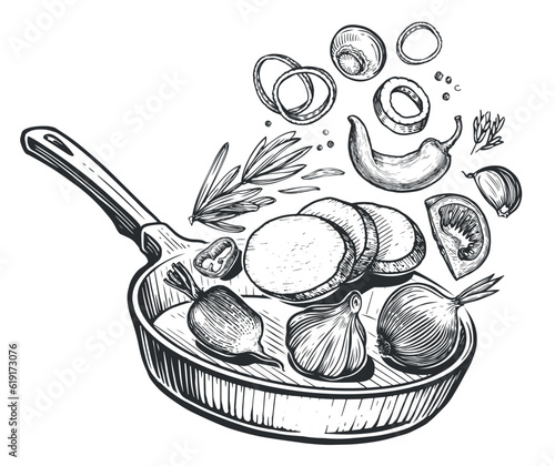 Vegetables falling into frying pan. Healthy eating, vegetarian food. Sketch vector illustration photo