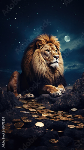 Lion several gold coins on moon light Generative AI  