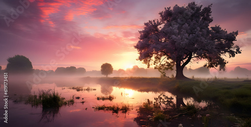 Misty sunrise paints a fairy tale scene with trees and a lake, creating a captivating and enchanting atmosphere. AI Generated