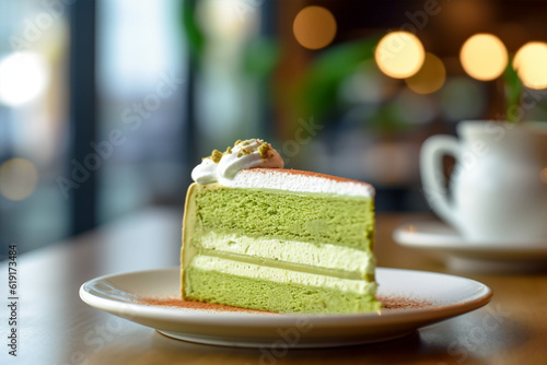 Green matcha cream cake on table