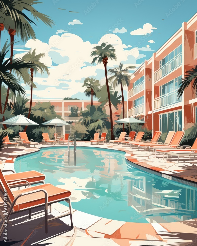 Fototapeta premium The poolside surface is empty with a hotel swimming pool background. (Illustration, Generative AI)