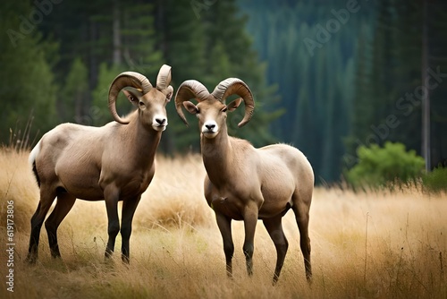 couple of bighorn sheep in forest.
