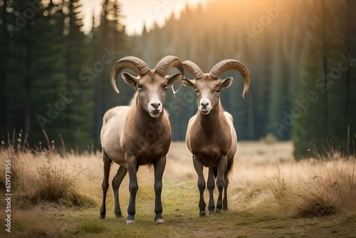 couple of bighorn sheep in forest.
