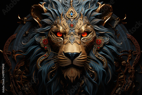 portrait of a lion in creative tattoostyle like clipart isolated against black background 