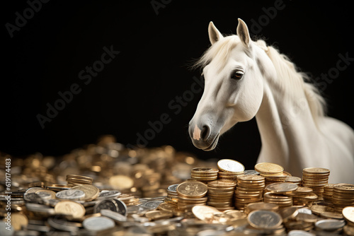 Horse with several gold coins Generative AI	
