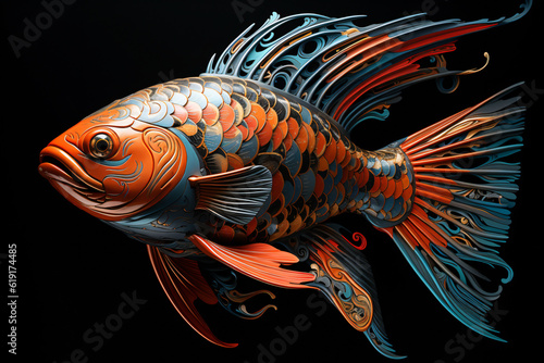 portrait of a fish in creative tattoostyle like clipart isolated against black background	 photo