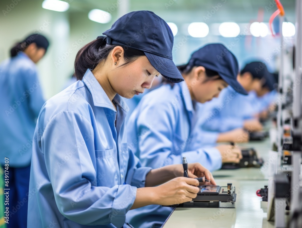 photo of asian workers working at technology production factory with industrial machines and cables building electronic smartphones. Generative AI photo of asian workers working at technology production factory with industrial machines and cables building electronic smartphones. Generative AI