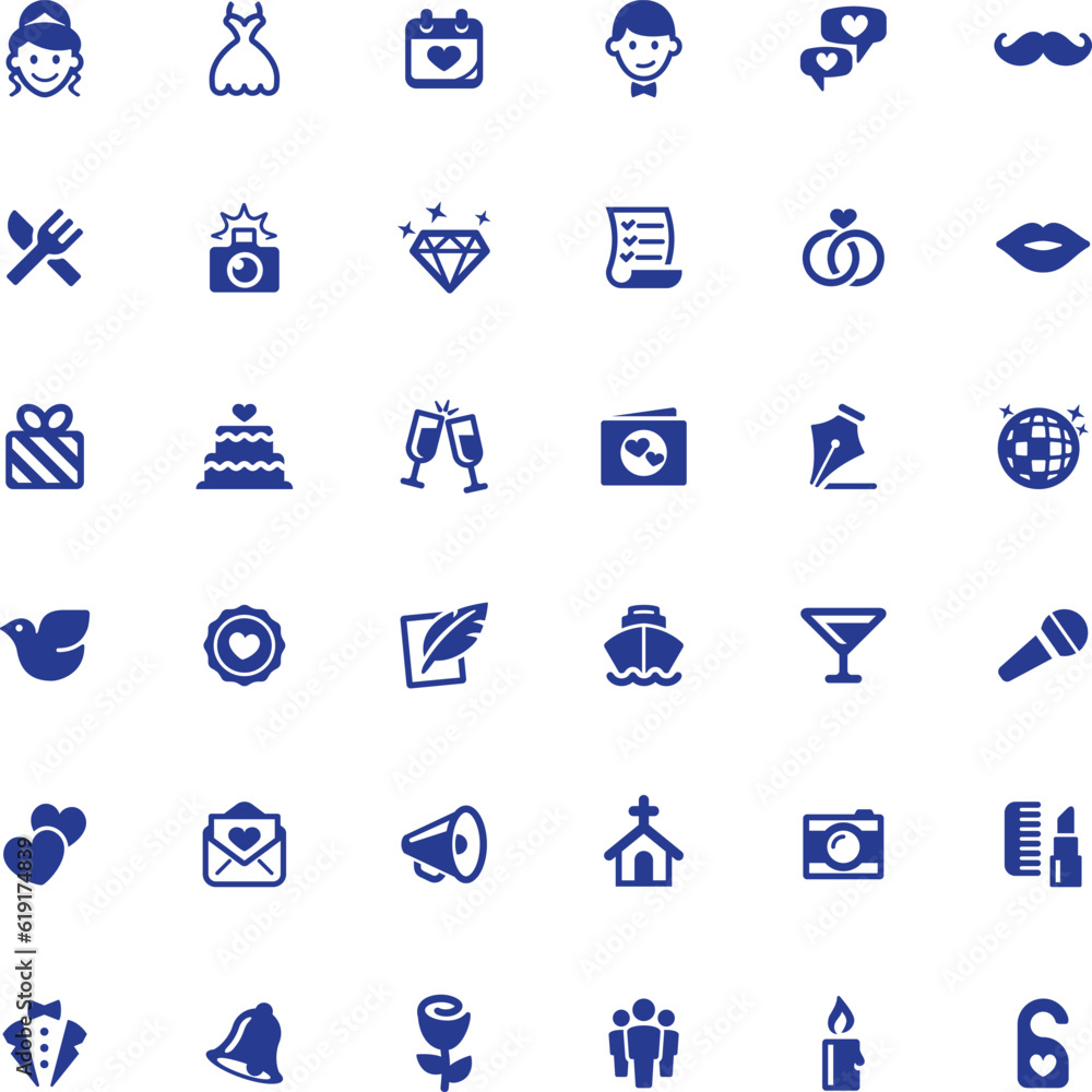 a collection of icons specially designed to represent the concept of weddings and wedding events. This set contains various icons depicting wedding-related elements, such as wedding rings, wedding dre