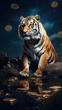 Tiger with gold coins over moonlight Generative AI	
