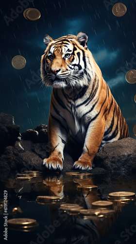 Tiger with gold coins over moonlight Generative AI 