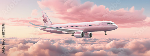 A pink airplane soars through the sky amidst fluffy clouds, symbolizing a dreamy vacation and the joy of travel.