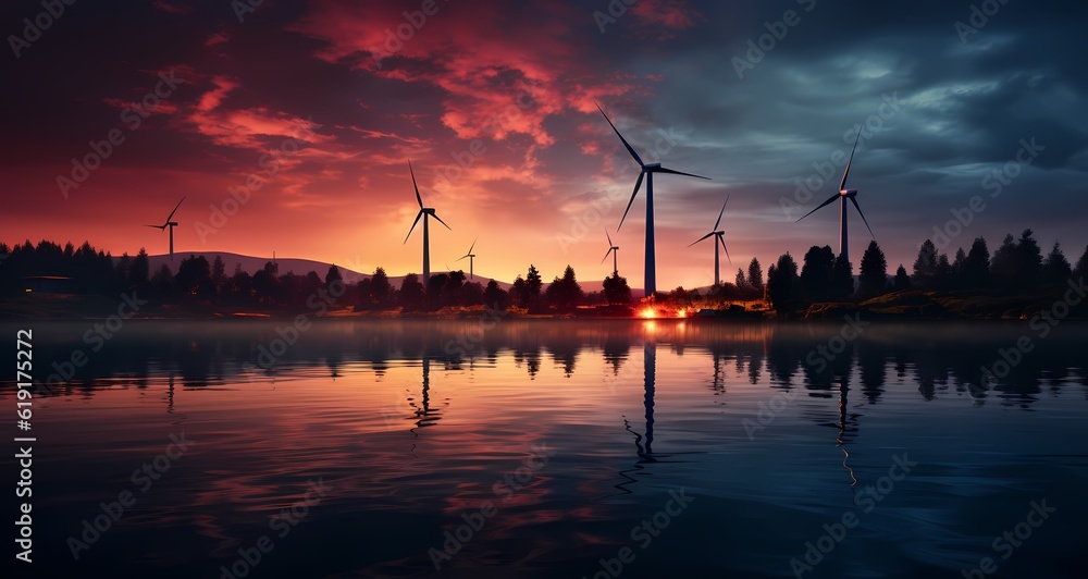 ..Wind turbine farm power generator in beautiful nature landscape for production of renewable green energy is friendly industry to environment. Concept of sustainable development technology.