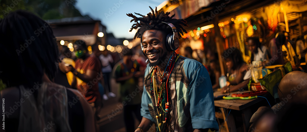 Young man with dreadlocks dancing reggaeton in the street. Man is on focus and foreground. Latin Party.