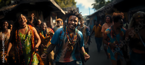 Young man with dreadlocks dancing reggaeton in the street. Man is on focus and foreground. Latin Party.