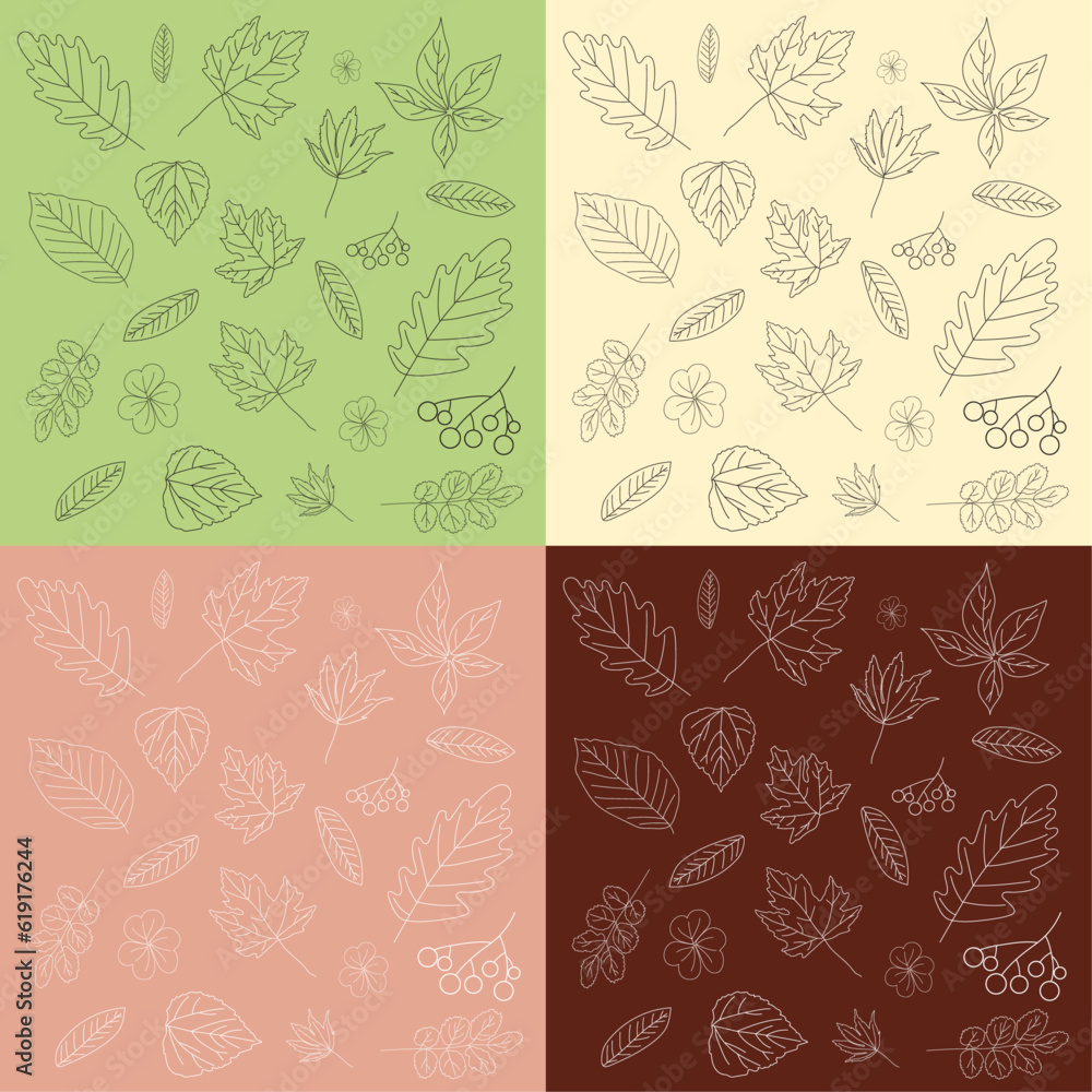 A set of different kinds of leaves pattern on brown, pale yellow, beige and green background in line style for wallpapers, webs, packaging, backgrounds A set of different kinds of leaves pattern on brown, pale yellow, beige and green background in line style for wallpapers, webs, packaging, backgrounds