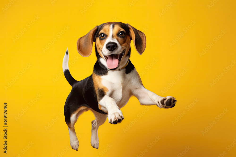 Happy Beagle Dog In Jumping, In Flight On Yellow Background. Generative AI