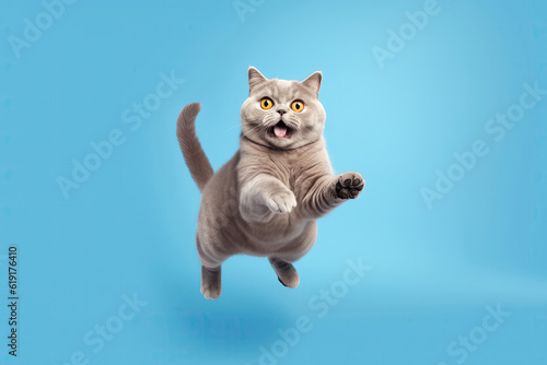 Happy British Shorthair Cat In Jumping, In Flight On Blue Background. Generative AI photo