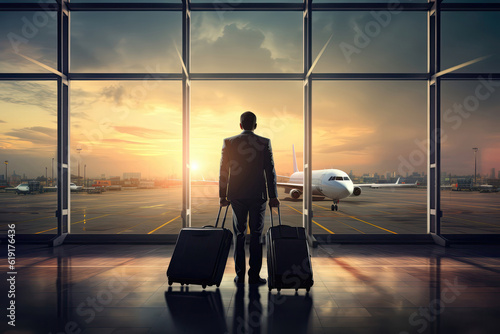 Businessman With Suitcase With His Back To Him, Airport Window And Airplane Taking Off In The Distance. Generative AI