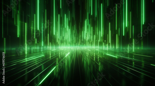 Abstract technology background with green light lines. 3d rendering, 3d illustration.