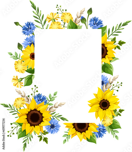 Greeting or invitation card design with blue and yellow sunflowers, cornflowers, dandelion flowers, gerbera flowers, ears of wheat, and green leaves. Vector illustration