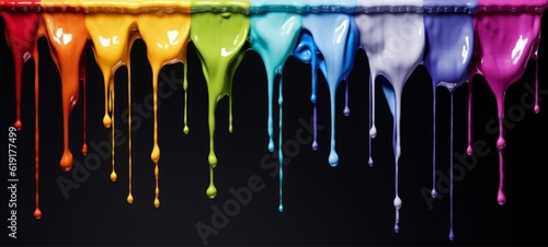 Fototapeta Naklejka Na Ścianę i Meble -  Colorful rainbow color acrylic paint flowing down over black background, dripping colorful liquid. Digital art (Generative Ai)