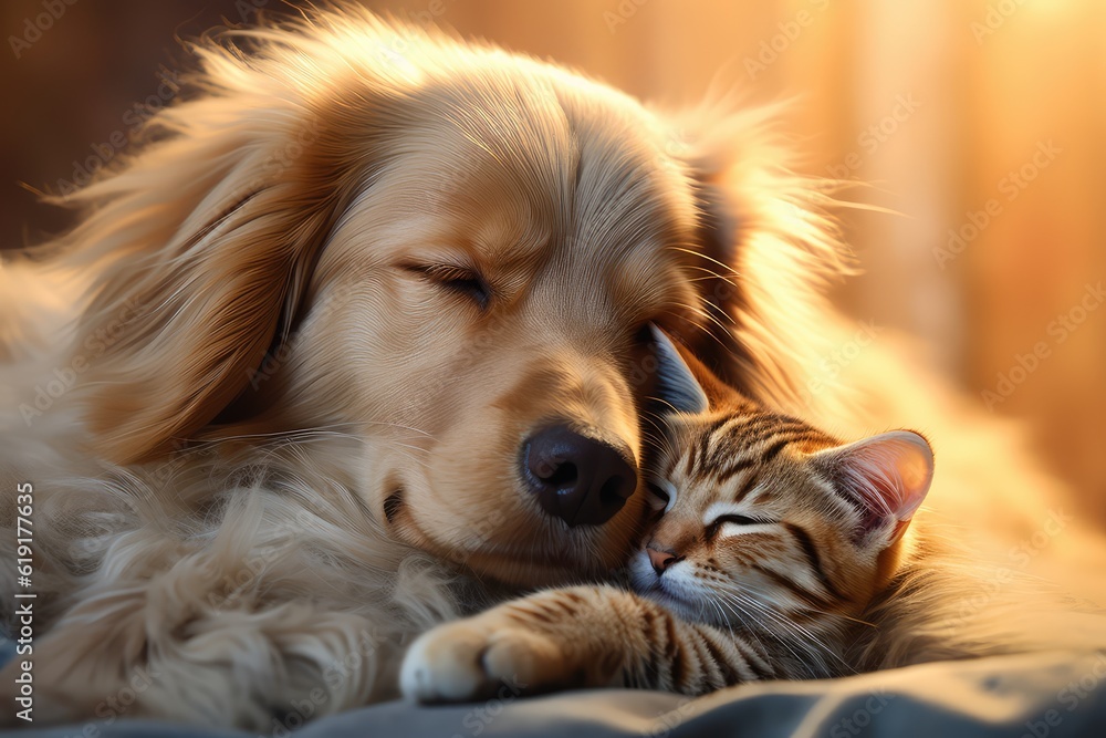 cat and dog sleeping on a bed