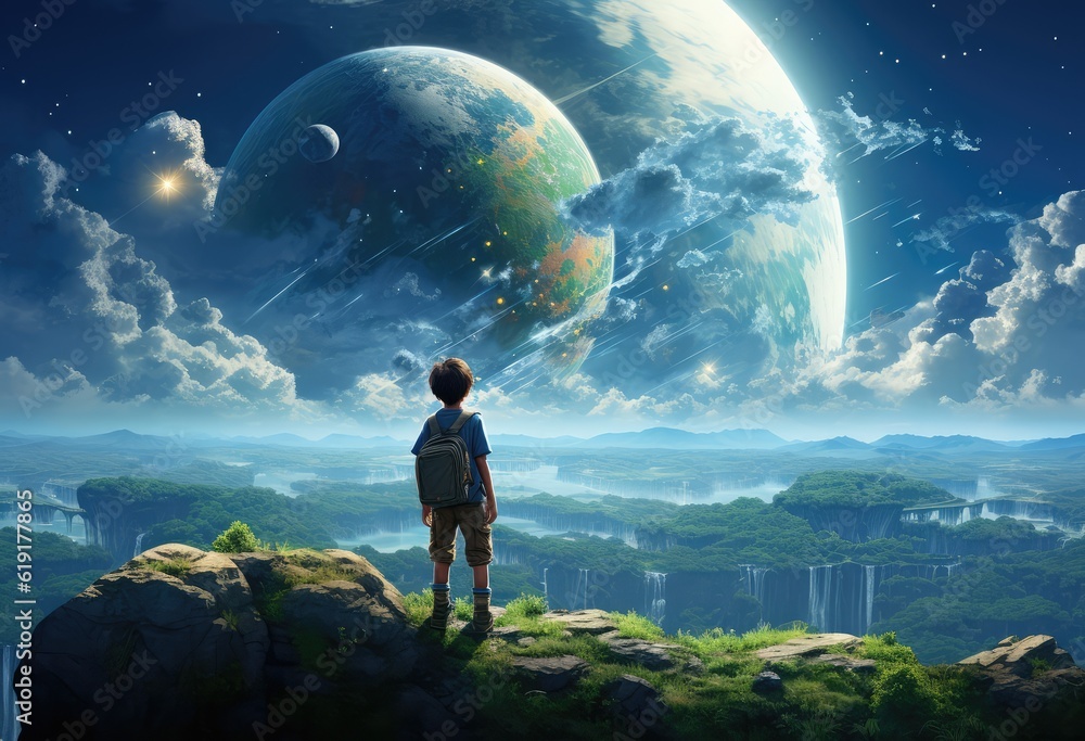 Fantasy anime boy discovers another world on the sky. 