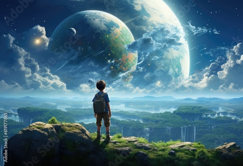 Fantasy anime boy discovers another world on the sky. 