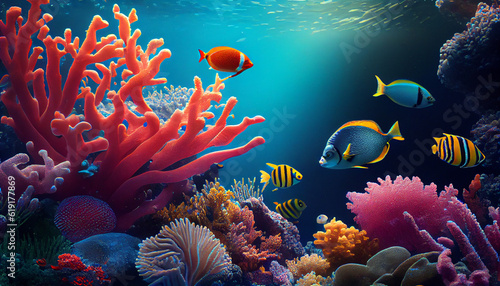 Tropical sea underwater fishes on coral reef. Aquarium oceanarium wildlife colorful marine panorama landscape nature snorkel diving. Colorful underwater world background coral reef Ai generated image