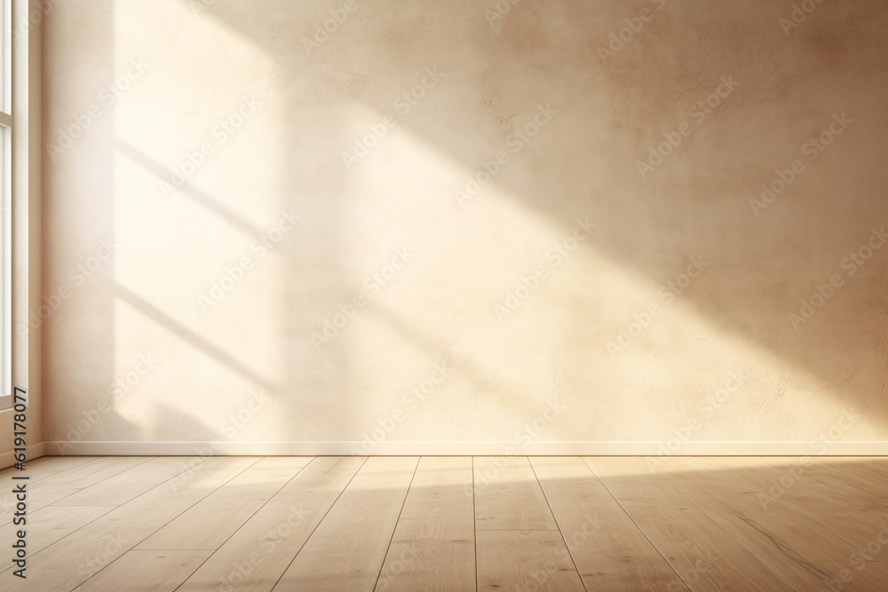room with beige plaster wall and light wooden floors with light and shadow from the window room with beige plaster wall and light wooden floors with light and shadow from the window