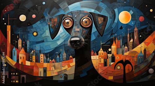 Abstract Dachshund in the city. Digital artwork painting. 