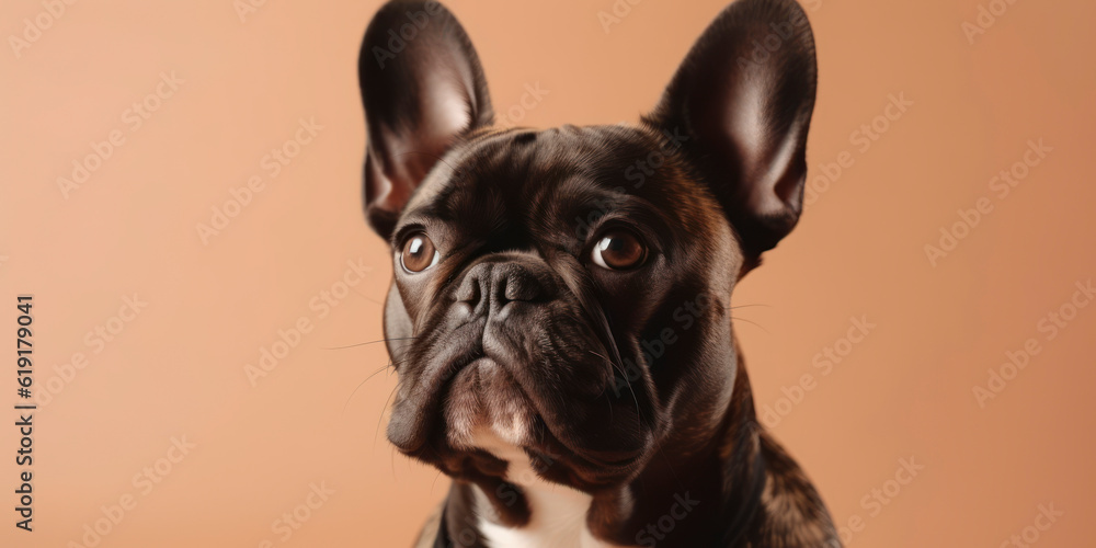 A gorgeous Dog looks at the camera with a smile in a light-colored background for a studio portrait. AI Generated.