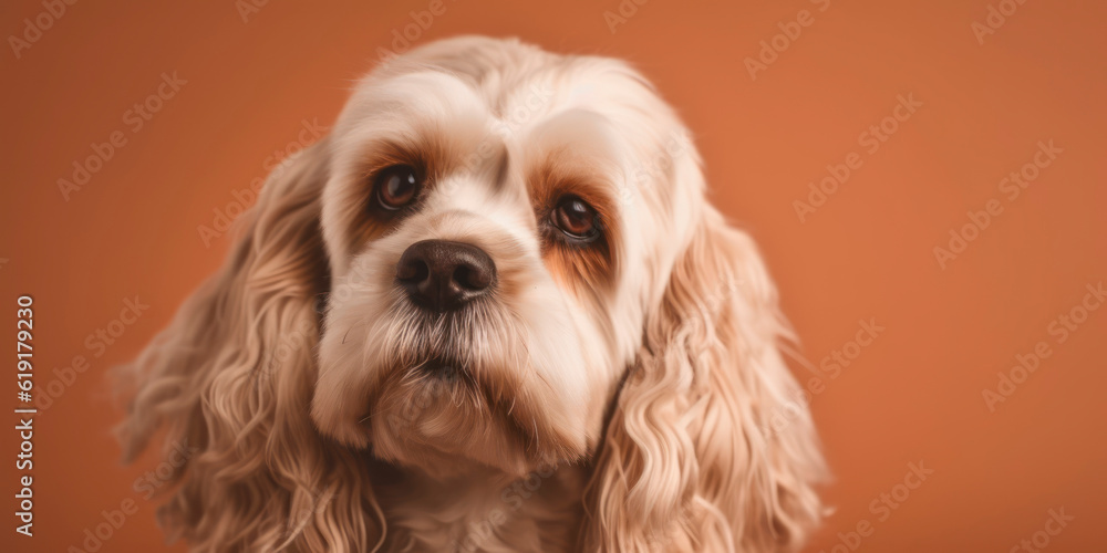 A happy Dog poses for a stunning studio portrait with a pastel-colored backdrop. AI Generated.