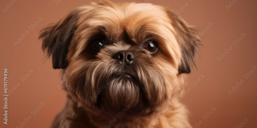 A delightful Dog shows off its charm in a studio portrait with a soft color background. AI Generated.