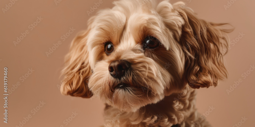A gorgeous Dog looks at the camera with a smile in a light-colored background for a studio portrait. AI Generated.