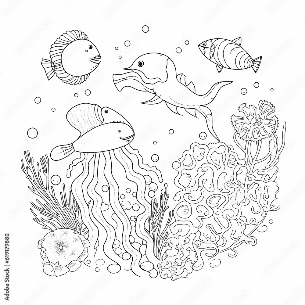 Сoloring book for children underwater world, black and white drawing, fish, algae, octopuses for coloring, generative ai