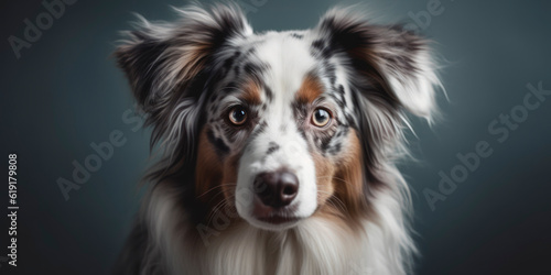A happy Dog poses for a stunning studio portrait with a pastel-colored backdrop. AI Generated.
