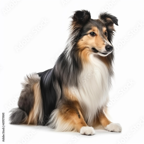Collie breed dog, cute fluffy dog , close-up portrait, isolated on white, good friend, companion, pet, generative ai