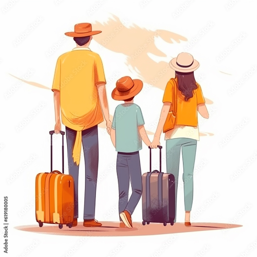 Family goes on a trip, dad, mom and son are walking along the road with suitcase in their hand, man, woman and child with a suitcase, color drawing, illustration, banner, generative ai