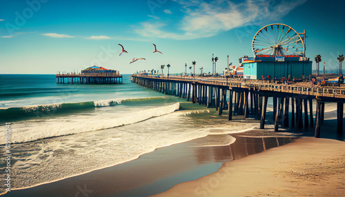 Santa Monica beach and pier in California USA Ai generated image photo