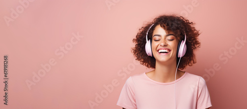 Generative AI illustration of smiling woman listening to music - positive and joyful. Solid color pink background