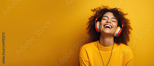 Generative AI illustration of smiling woman listening to music - positive and joyful. Solid color yellow background
