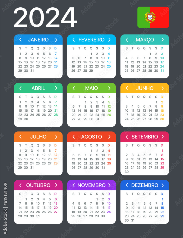 2024 Calendar - vector template graphic illustration - Portuguese version 2024 Calendar - vector template graphic illustration - Portuguese version