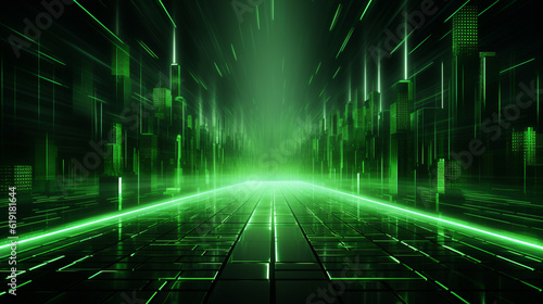 abstract technology background with green glowing lines and stripes. ai generated
