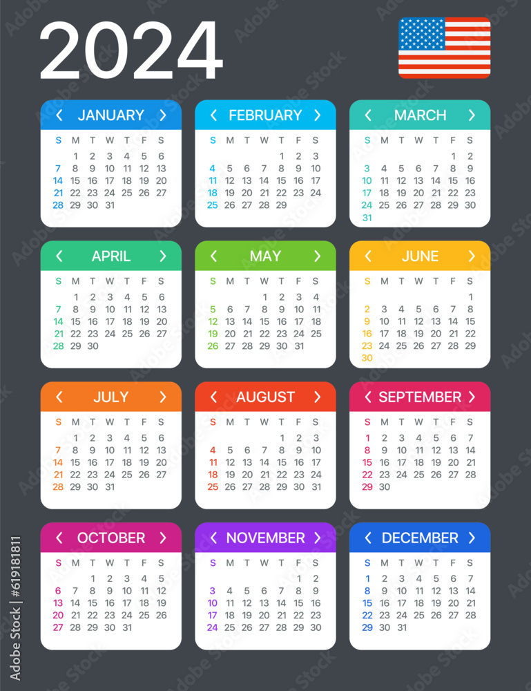 2024 Calendar - vector template graphic illustration - United States version 2024 Calendar - vector template graphic illustration - United States version